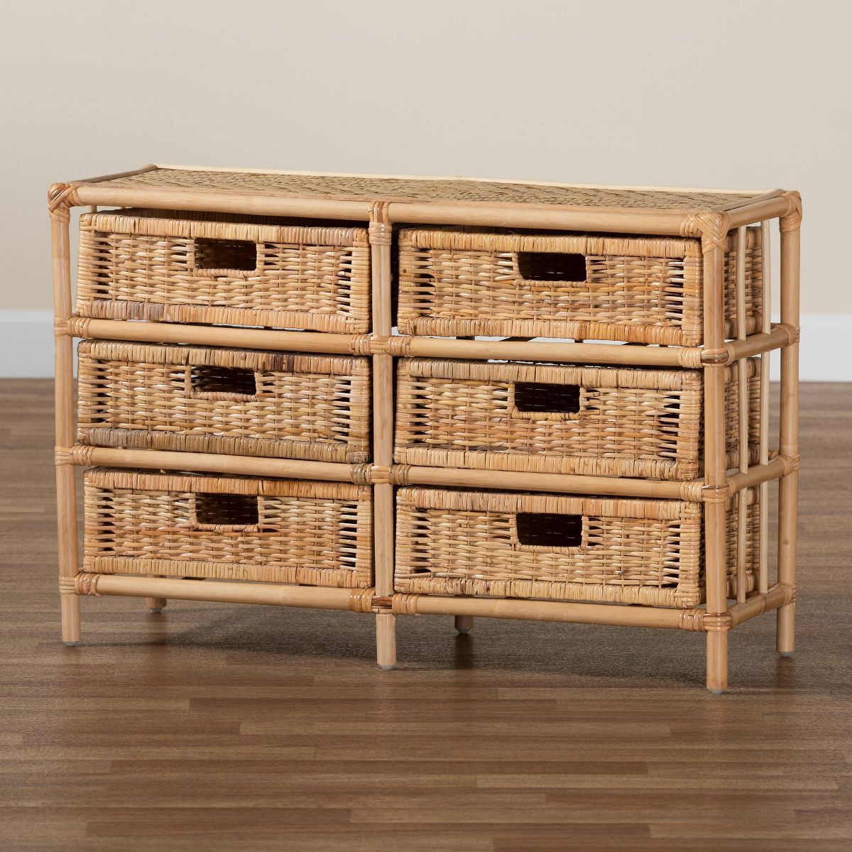 bali & pari Dariana Rattan 6 Drawer Storage Cabinet Natural/Brown: Bohemian Style, Plywood Frame, No Assembly Required - thumbnail 10