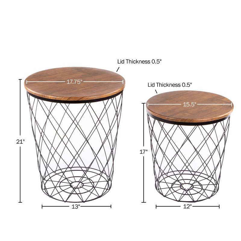 End Table with Storage – Set of 2 Round Nesting Tables with Diamond Pattern Wire Basket Wood Tops, Industrial Farmhouse Side Table by Lavish Home, 3 of 10
