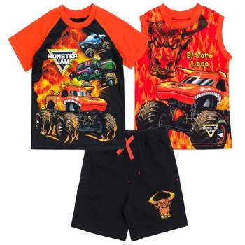 Monster Jam Grave Digger El Toro Loco Megalodon T-Shirt Tank Top and French Terry Shorts 3 Piece Set Toddler to Big Kid