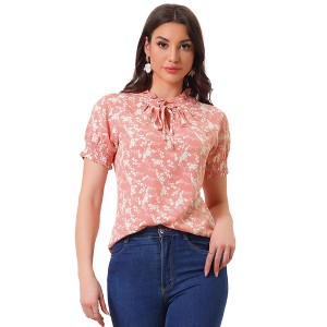 Allegra K Women's Ruffle Tie V-Neck Casual Smocked Short Sleeve Floral Top - 1 of 4