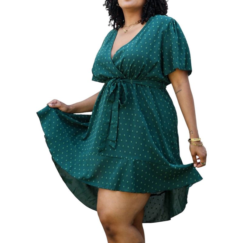 Anna-Kaci Women's Plus Size Green Swiss Dot Midi Dress with High-Low Skirt, 1 of 7