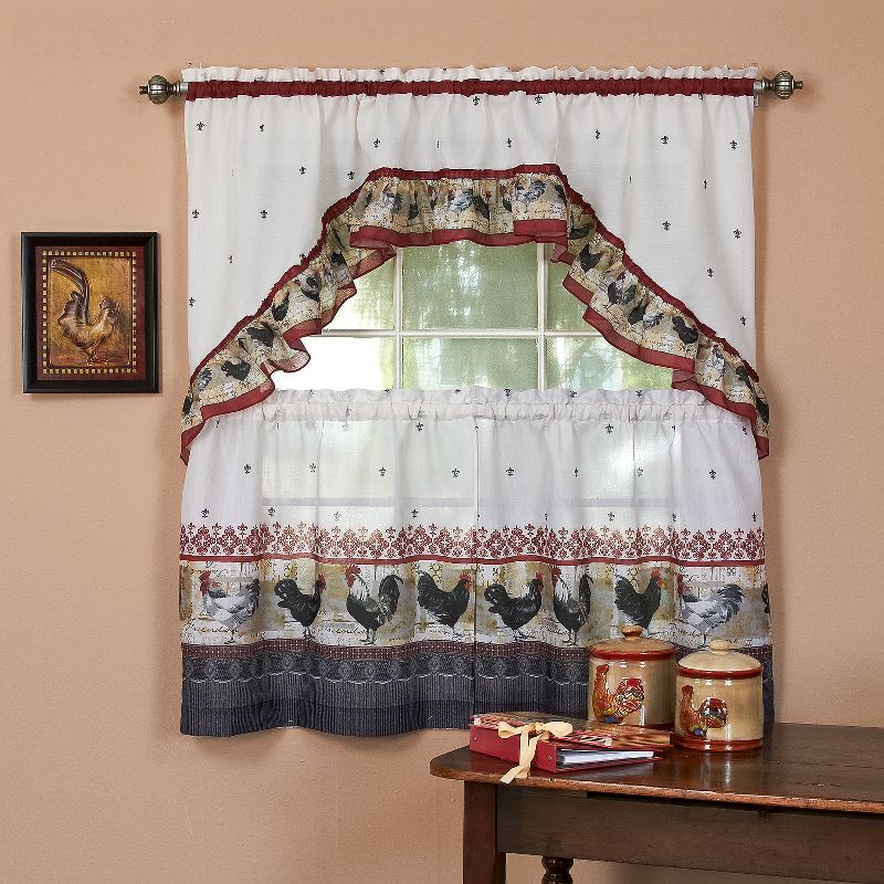 Kate Aurora Retro Rooster Complete 3 Piece Kitchen Curtain Tier and Swag Valance Set, 1 of 2