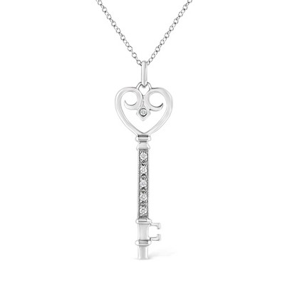 Haus of Brilliance Silver Pave and Bezel-Set Diamond Accent Key Heart and Lock Pendant Necklace