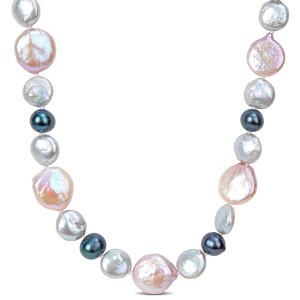 EVERLY JEWELRY | Sterling Silver 10-14mm Pink & Grey Cultured Freshwater Coin and 7-7.5mm Black Cultured Freshwater Pearl Necklace - 18 inch - 1 of 4