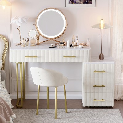 VYNXARIA Velvet Upholstered Vanity Set with Chair - Makeup Table with 5 Large Drawers & Adjustable Storage, Marble-Look Top, Beige