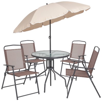 Nantucket Brown 6-Piece Patio Set with Glass Table and Umbrella