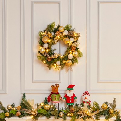 24 Inch Lighted Christmas Wreath,Pre-Lit Christmas Wreath with Pinecones and Gold Accents,Warm White Light Outdoor Pine Wreath for Front Door, Window