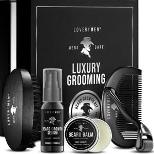 LOVERYMEN 5-Piece Beard Growth Kit – Ultimate Beard Care Set with Growth Serum, Balm, Derma Roller, Comb, Brush in Elegant Gift Box - 1 of 4