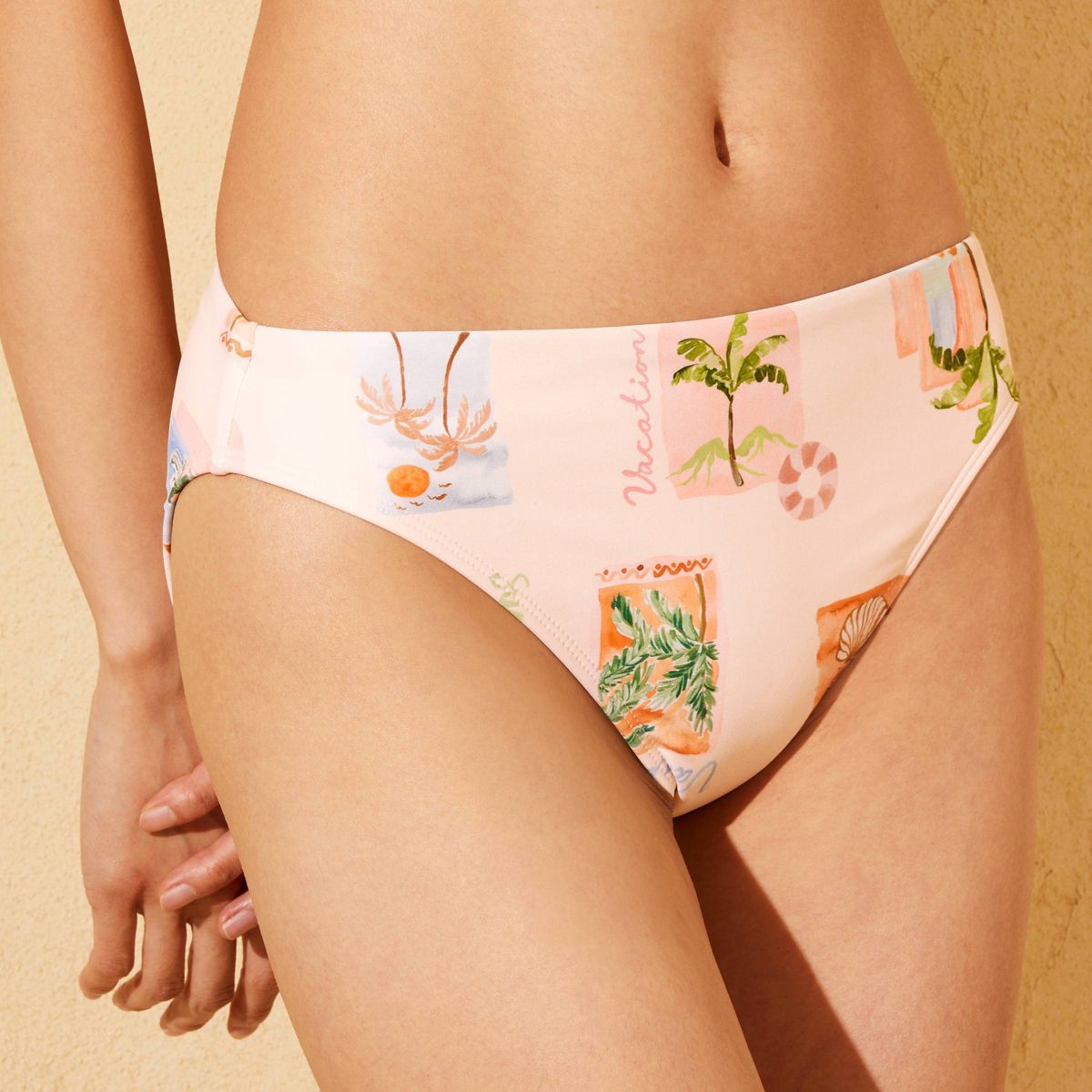 Women's Topical Print Mid-Rise High Leg Medium Coverage Bikini Bottom - Shade & Shore™ Cream