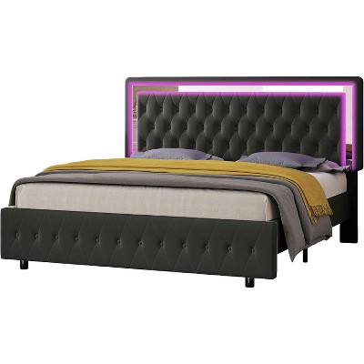 Bed Frame with Led Lights Headboard, Acrylic Mirror Accents