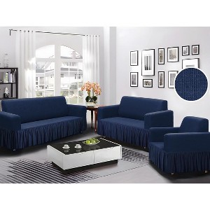 Home Mart Goods 3-Piece Set Navy Blue 4-Way Stretch Ruffled Skirt Slipcover Sofa Loveseat & Armchair Cover Protector - 1 of 3