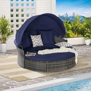 5-Piece Outdoor Patio Round Daybed Set, Wicker Conversation Group with Retractable Canopy, Soft Cushions, and Storable Table - 1 of 4