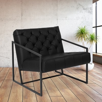 Transitional Black Leather Mid-Back Tufted Lounge Chair with Metal Frame