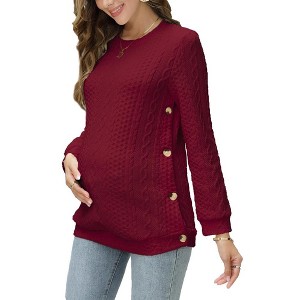 WhizMax Women's Cable Knit Maternity Tops Round Neck Long Sleeve Pregnancy Nursing Pullover Sweatshirt Double Split Buttons - 1 of 1