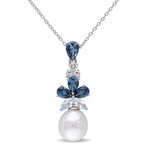 EVERLY JEWELRY | Sterling Silver 3 1/4 CT TGW London, Sky Blue and White Topaz and 9.5 - 10 MM White Cultured Freshwater Pearl Drop Pendant with Chain - 1 of 4