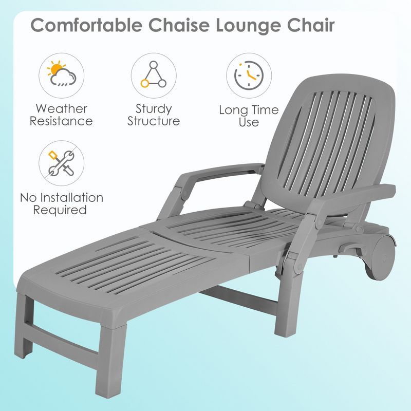 Costway Patio Adjustable Chaise Lounge Chair Folding Sun Lounger Recliner w/ Wheels Grey/Black/Coffee/Turquoise, 5 of 13