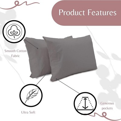 Grey Cotton Queen Pillowcases - 2 Pack - Breathable Envelope Closure