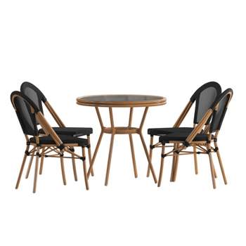 Flash Furniture Marseille Indoor/Outdoor Commercial French Bistro 31.5" Table, Textilene, Glass Top with 4 Stack Chairs