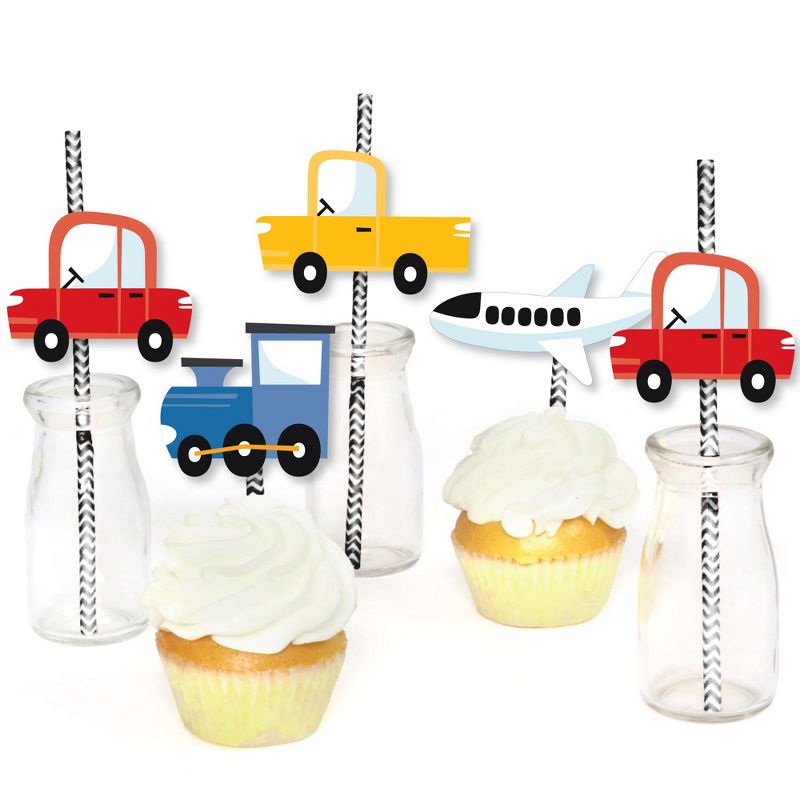 Big Dot of Happiness Cars, Trains, and Airplanes - Paper Straw Decor - Transportation Birthday Party Striped Decorative Straws - Set of 24, 5 of 7
