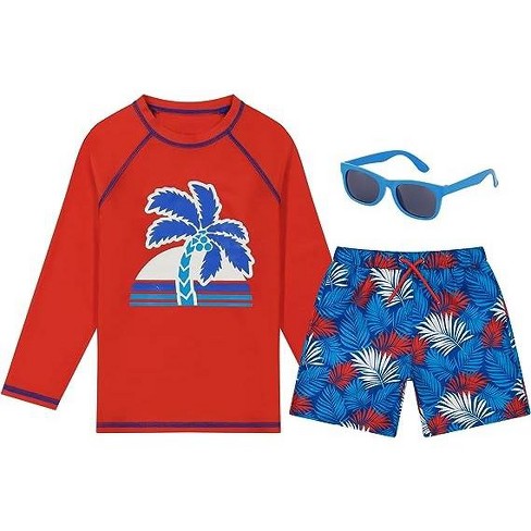 Boys Swim Set with Long Sleeve Rash Guard, Swim Shorts, and Sunglasses,  Kids Ages 5-6