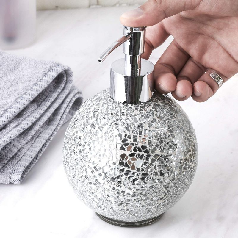 WHOLE HOUSEWARES 14 Ounce Glass Mosaic Hand Soap Dispenser for Bathroom, Set of 2, Silver, 2 of 5