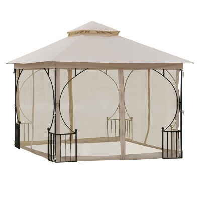 Outsunny 10' x 10' Patio Gazebo Canopy Outdoor Pavilion with Mesh Netting SideWalls, 2-Tier Polyester Roof, & Steel Frame Beige