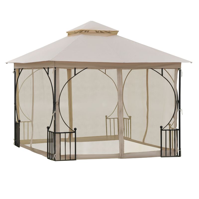 Outsunny 10' x 10' Patio Gazebo Canopy Outdoor Pavilion with Mesh Netting SideWalls, 2-Tier Polyester Roof, & Steel Frame, 1 of 8