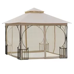 Outsunny 10' x 10' Patio Gazebo Canopy Outdoor Pavilion with Mesh Netting SideWalls, 2-Tier Polyester Roof, & Steel Frame Beige