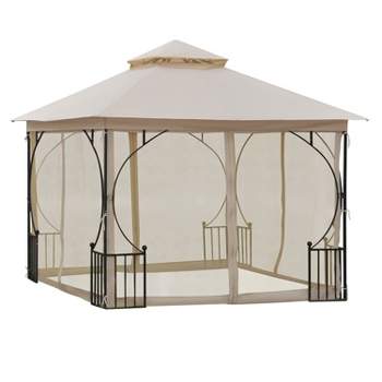 Outsunny 10' x 10' Patio Gazebo Canopy Outdoor Pavilion with Mesh Netting SideWalls, 2-Tier Polyester Roof, & Steel Frame