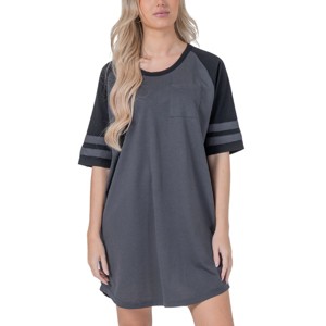 YafeMarte Women’s Short Sleeve Long Two Tone Nightshirt with Striped Sleeves and Pocket - 1 of 4