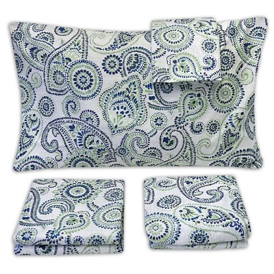 King Size Blue Paisley Cotton Microfiber Sheet Set