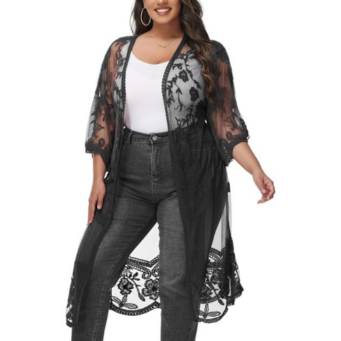 Anna-Kaci Women's Plus Size Lace Cardigan Short Sleeve Open Front Floral Crochet Long Duster - image 1 of 4