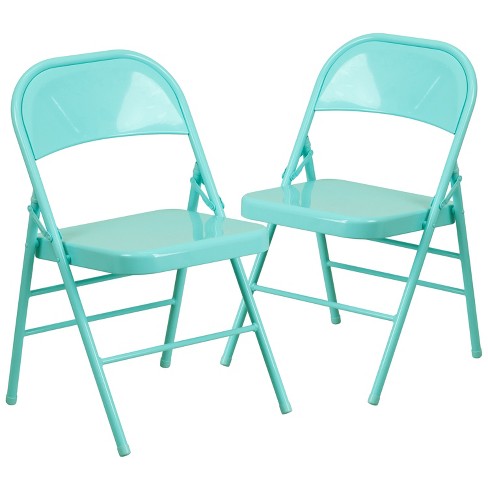 Emma and Oliver 2 Pack Tantalizing Teal Triple Braced Double Hinged Metal Folding Chair