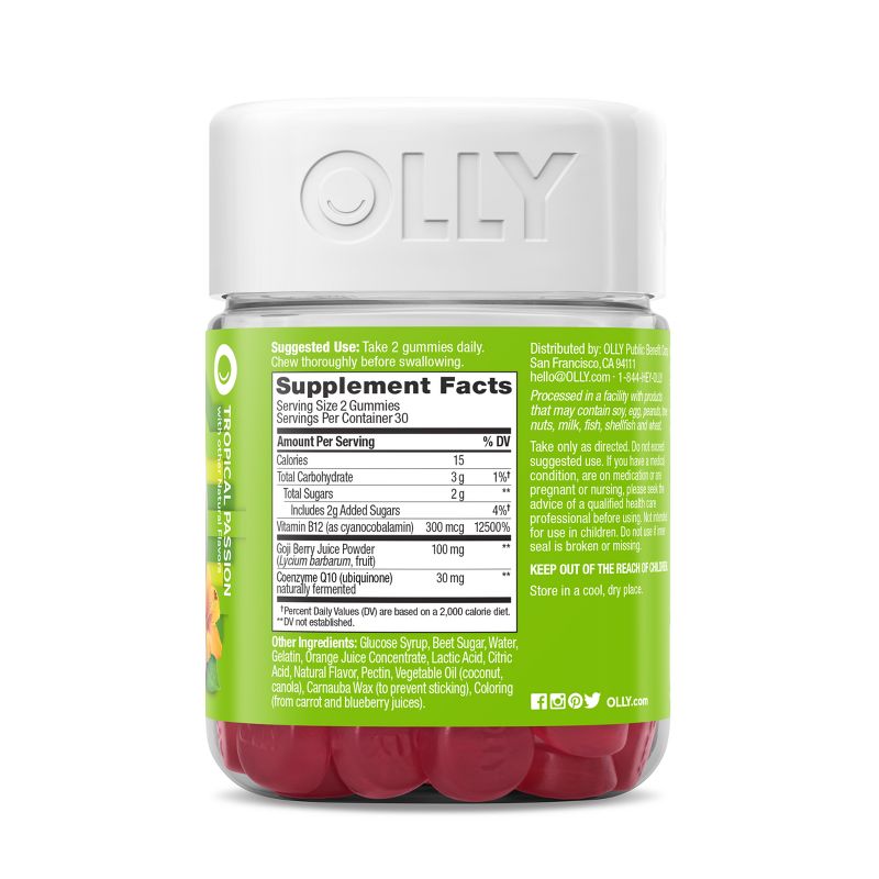 OLLY Daily Energy Caffeine-Free Gummies with Vitamin B12, CoQ10 &#38; Goji Berry - Tropical Passion - 60ct, 4 of 8