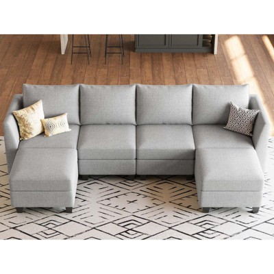 Belffin Modular Sectional Sofa Chenille U Shaped Couch with Double Chaise for Living Room, Light Grey