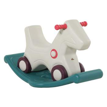 Qaba Kids 2 in 1 Rocking Horse & Sliding Car for Indoor & Outdoor Use w/ Detachable Base, Wheels, Smooth Materials, gray and Green