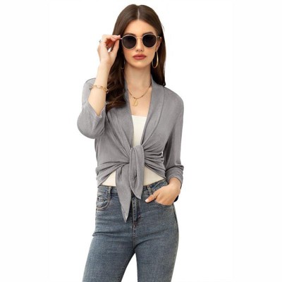 Coolmee Women's Casual 3/4 Sleeve Tie Open Front Cardigans Sheer Draped Ruffles Cardigan