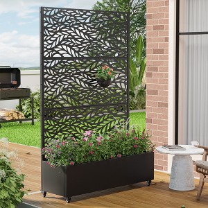 Wooakway Black Metal Planter Box with Trellis Raised Garden Bed with Arbor Privacy Screen with Wheels - 1 of 4