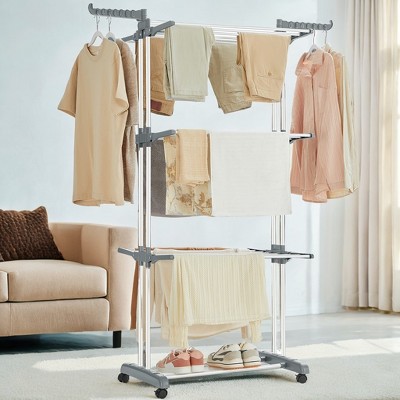 68.1 Inch Tall Foldable 4-Tier Clothes Drying Rack, Steel Rolling Laundry Dryer Stand Easy Assembly Laundry Rack for Indoor Outdoor Use