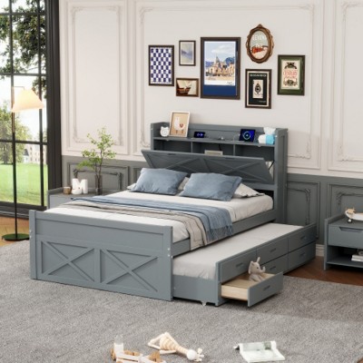 Wooden Trundle Bed with Storage Drawers,USB Charging,Space Saving Kids Furniture-Maison Boucle