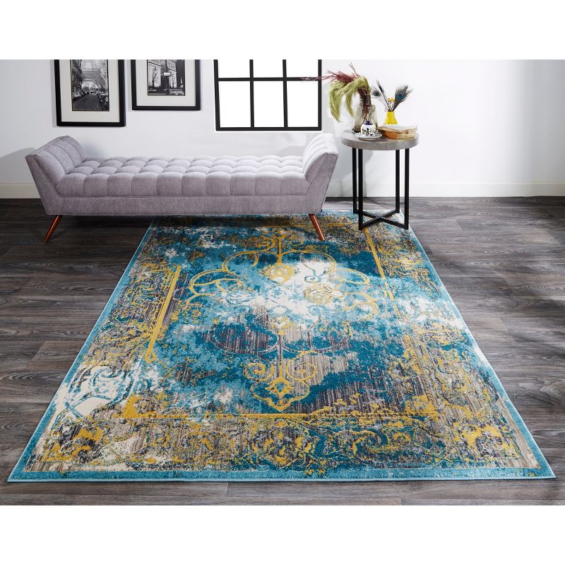 Keats Transitional Distressed Blue/Yellow/Taupe Area Rug, 2 of 9