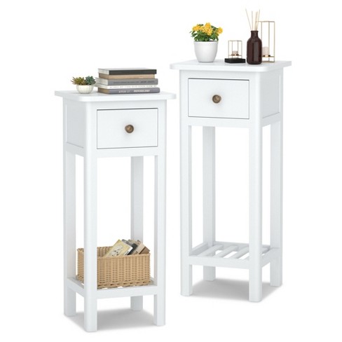 2 Tier Slim Nightstand Bedside Table with Drawer Shelf-White | Costway