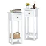Costway 2PCS 2 Tier End Bedside Sofa Side Table with Drawer Shelf Acacia Wood Nightstand White
