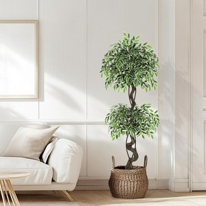 Artificial Ficus Tree for Home Decor Indoor,Faux Floor Tree White Imitation Ceramic Planter, Indoor Outdoor Lifelike Fake Ficus Tree with Pebbles - 1 of 4
