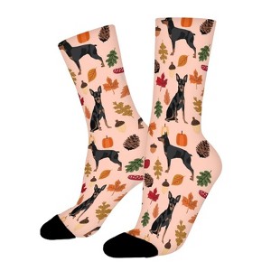 Min Pin Autumn Leaves Fall Dog Women Printed Crew Socks Funny Funky Socks Soft Polyester Novelty Gifts for Artists Men - 1 of 1