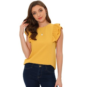 Allegra K Women's Ruffle Round Neck Cap Sleeve Tops - 1 of 4