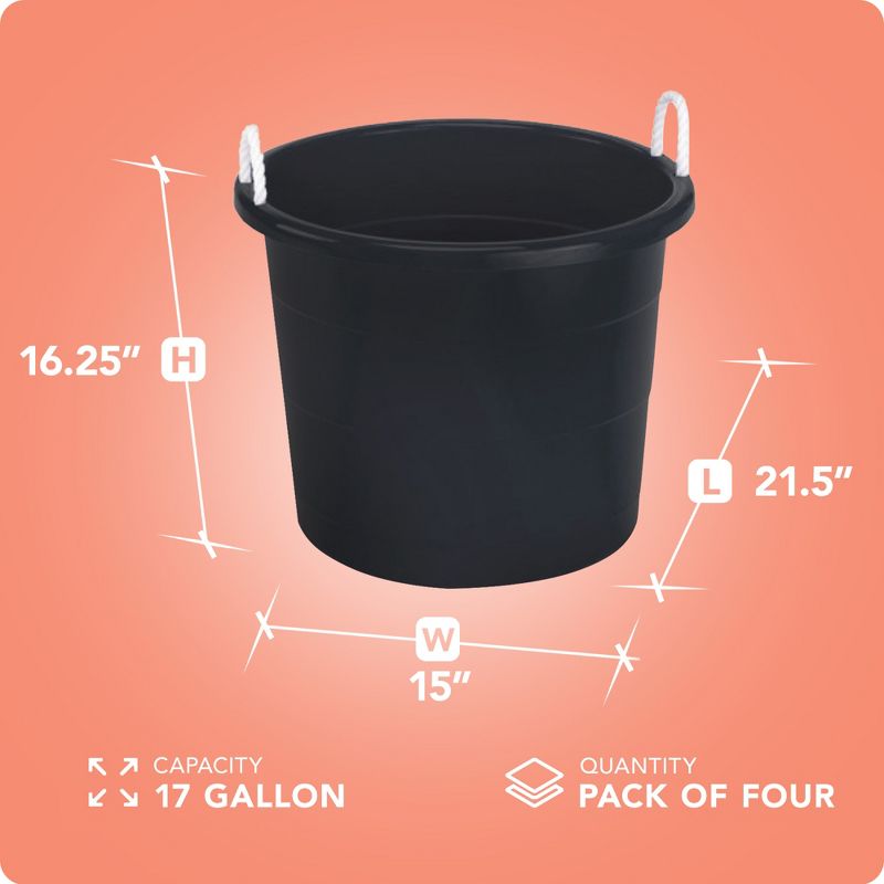 Homz 0417BKDC Plastic 17 Gallon Utility Storage Container Bucket Tub with Rope Handle, Black, Set of 4 Buckets, 4 of 7
