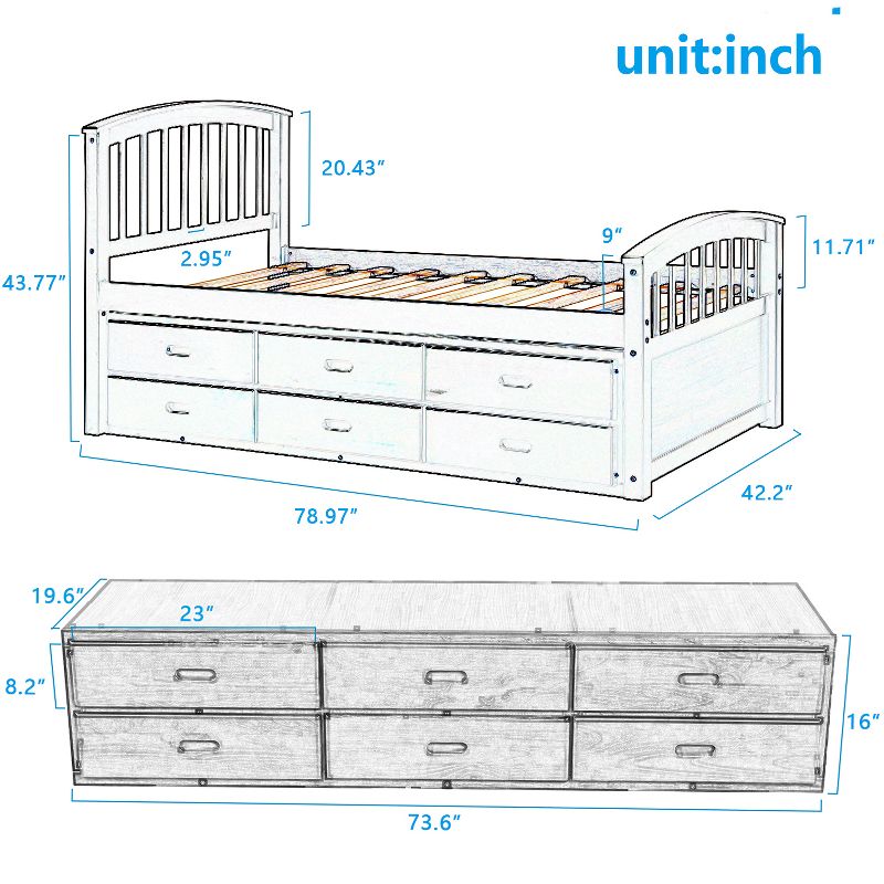 Twin Size Wood Platform Storage Bed with 6 Drawers-ModernLuxe, 5 of 14