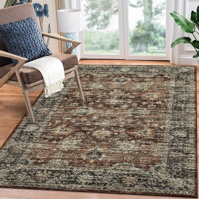 9x12 Vintage Area Rug,Machine Washable, Low Pile, Non-Slip, Stain-Resistant Oriental Carpet, Traditional Home Decor for Living Room, Bedroom,Office