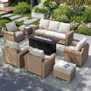 Captiva Designs Luxury Wicker Patio Conversation Fire Pit Set with Curved Armrests with Cushions - 1 of 4